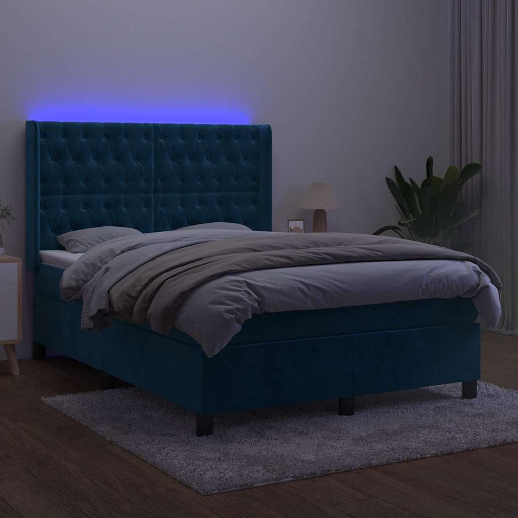 vidaXL Κρεβάτι Boxspring με Στρώμα & LED Σκ. Μπλε 140x190εκ. Βελούδινο