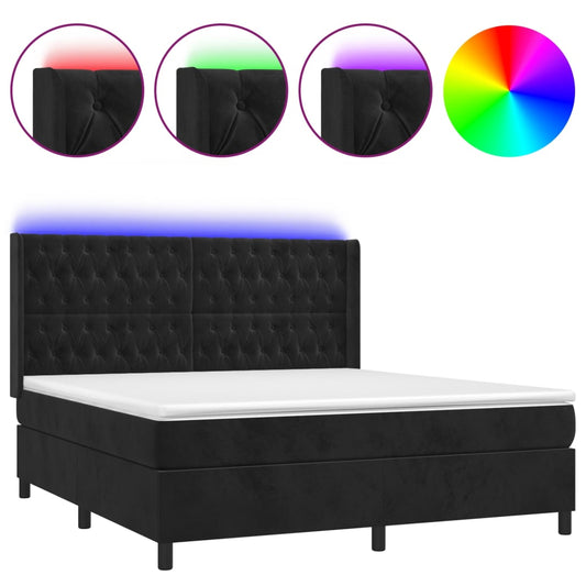 vidaXL Κρεβάτι Boxspring με Στρώμα & LED Μαύρο 180x200 εκ. Βελούδινο