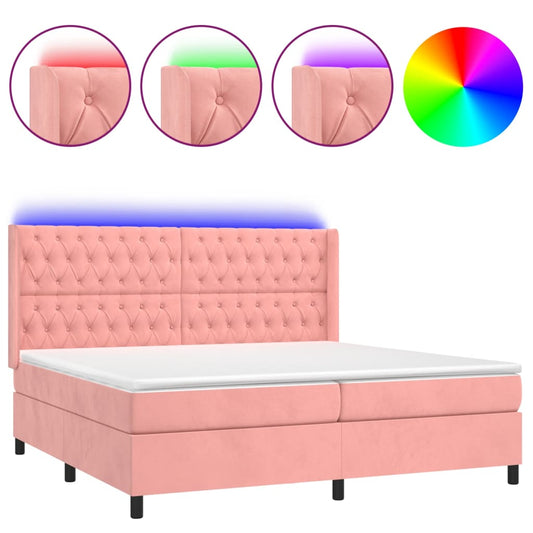 vidaXL Κρεβάτι Boxspring με Στρώμα & LED Ροζ 180x200 εκ. Βελούδινο
