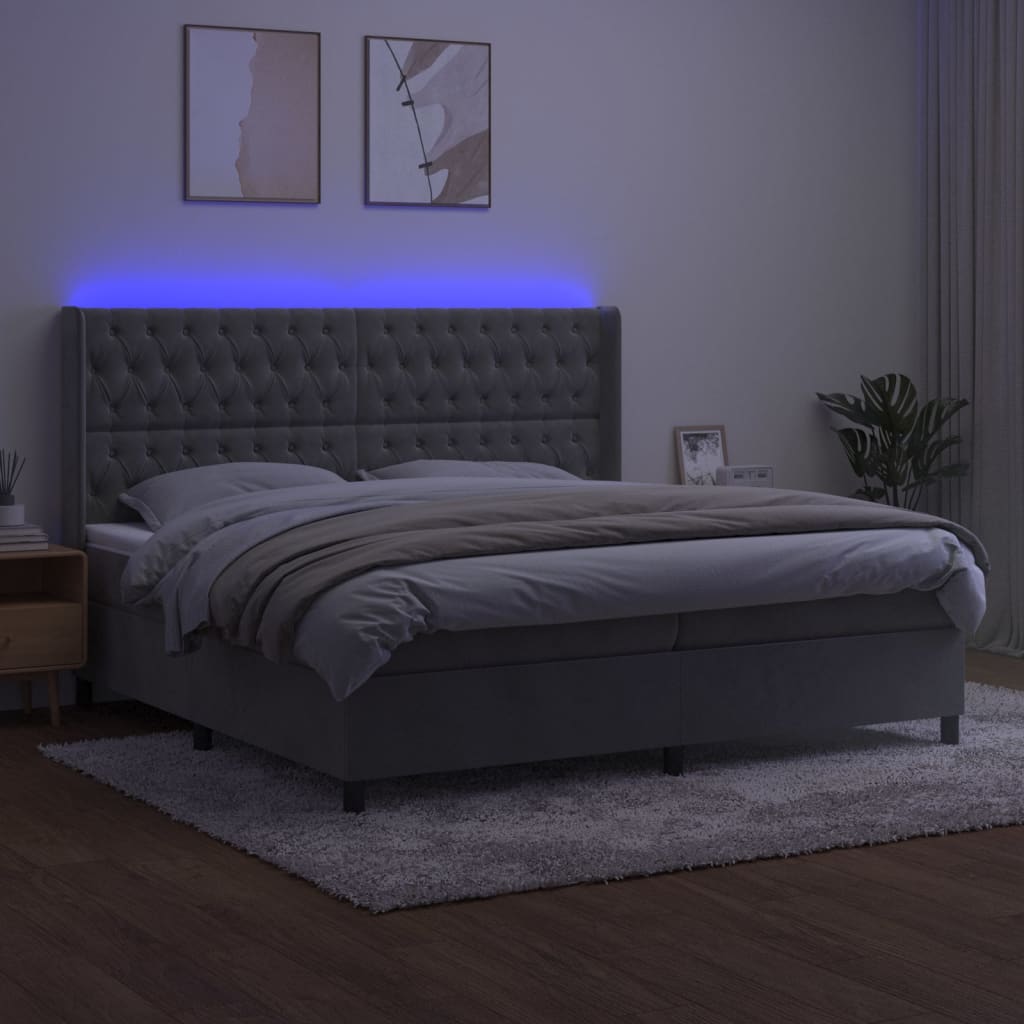 vidaXL Κρεβάτι Boxspring με Στρώμα & LED Αν.Γκρι 200x200 εκ. Βελούδινο