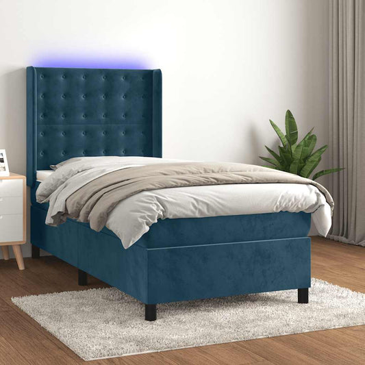 vidaXL Κρεβάτι Boxspring με Στρώμα & LED Σκ. Μπλε 80x200 εκ. Βελούδινο