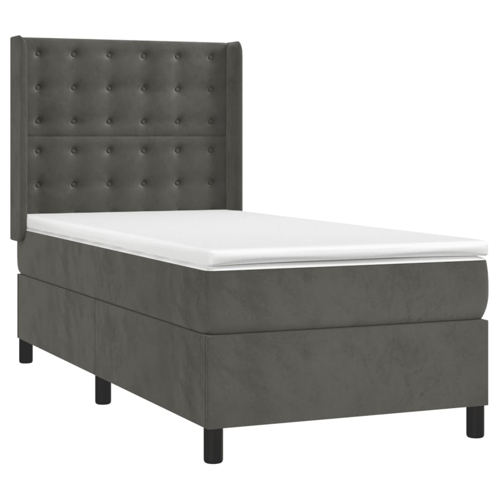 vidaXL Κρεβάτι Boxspring με Στρώμα & LED Σκ. Γκρι 90x200 εκ. Βελούδινο
