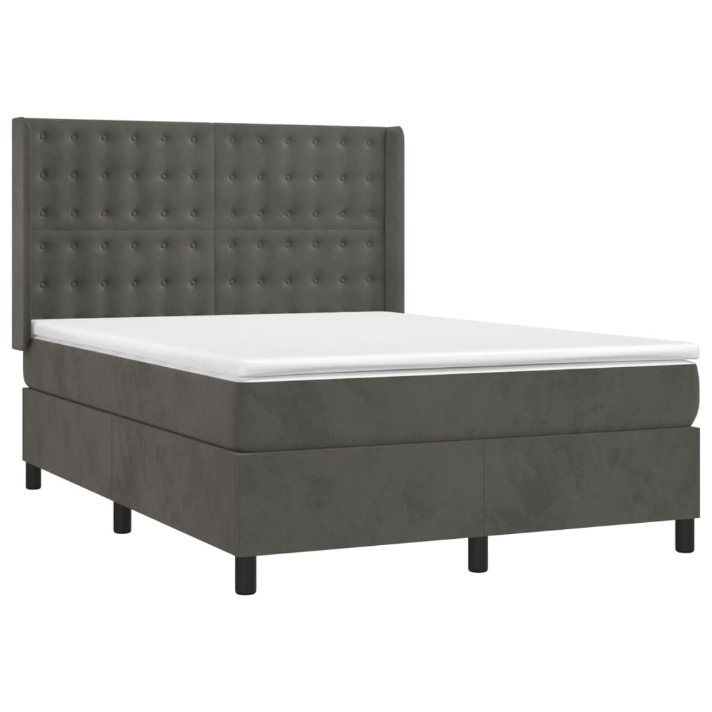 vidaXL Κρεβάτι Boxspring με Στρώμα & LED Σκ. Γκρι 140x190εκ. Βελούδινο