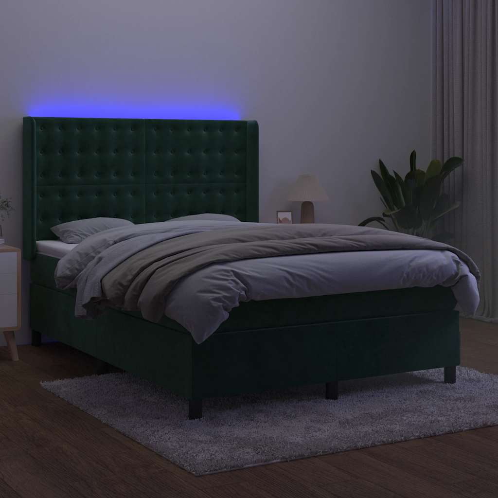 vidaXL Κρεβάτι Boxspring με Στρώμα & LED Σκ. Πράσινο 140x200εκ Βελούδο