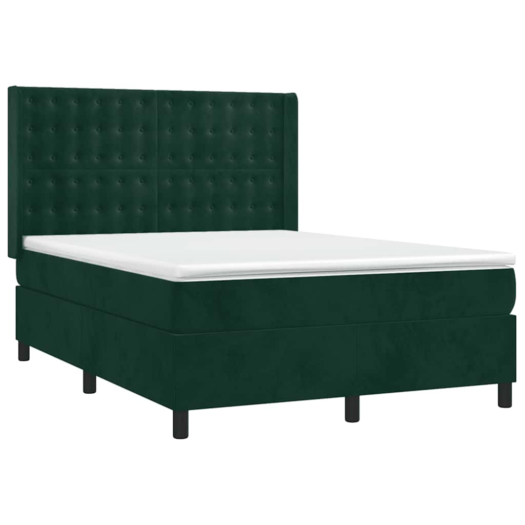 vidaXL Κρεβάτι Boxspring με Στρώμα & LED Σκ. Πράσινο 140x200εκ Βελούδο