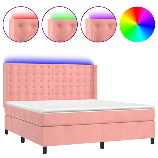 vidaXL Κρεβάτι Boxspring με Στρώμα & LED Ροζ 160x200 εκ. Βελούδινο