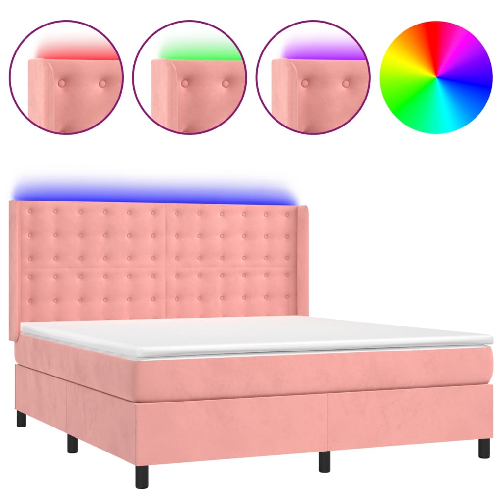 vidaXL Κρεβάτι Boxspring με Στρώμα & LED Ροζ 180x200 εκ. Βελούδινο
