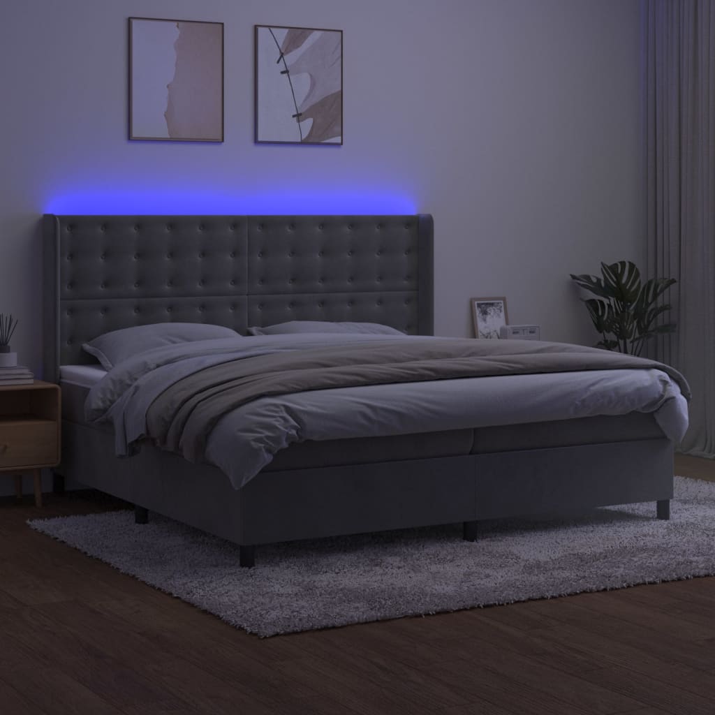 vidaXL Κρεβάτι Boxspring με Στρώμα & LED Αν.Γκρι 200x200 εκ. Βελούδινο