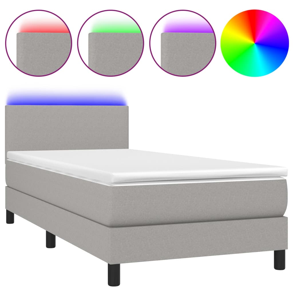 vidaXL Κρεβάτι Boxspring με Στρώμα & LED Αν.Γκρι 90x190 εκ. Υφασμάτινο