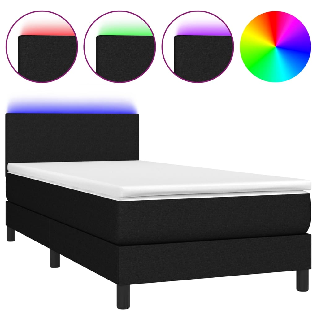 vidaXL Κρεβάτι Boxspring με Στρώμα & LED Μαύρο 90x200 εκ. Υφασμάτινο