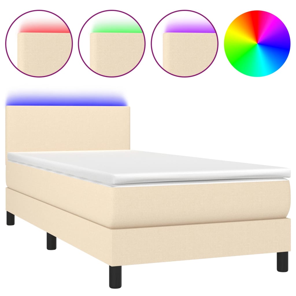 vidaXL Κρεβάτι Boxspring με Στρώμα & LED Κρεμ 100x200 εκ. Υφασμάτινο
