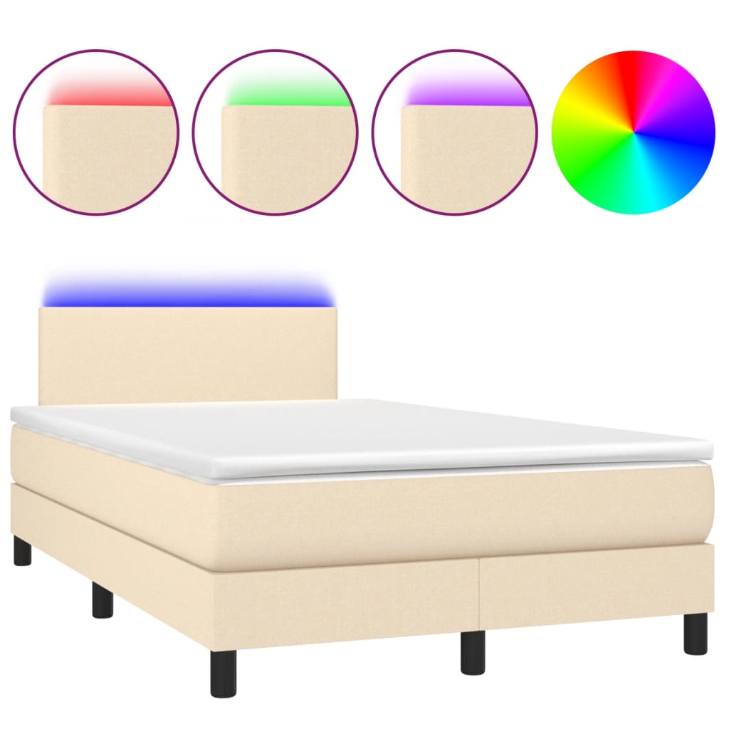 vidaXL Κρεβάτι Boxspring με Στρώμα & LED Κρεμ 120x200 εκ. Υφασμάτινο