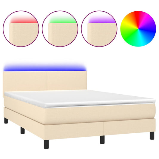 vidaXL Κρεβάτι Boxspring με Στρώμα & LED Κρεμ 140x200 εκ. Υφασμάτινο