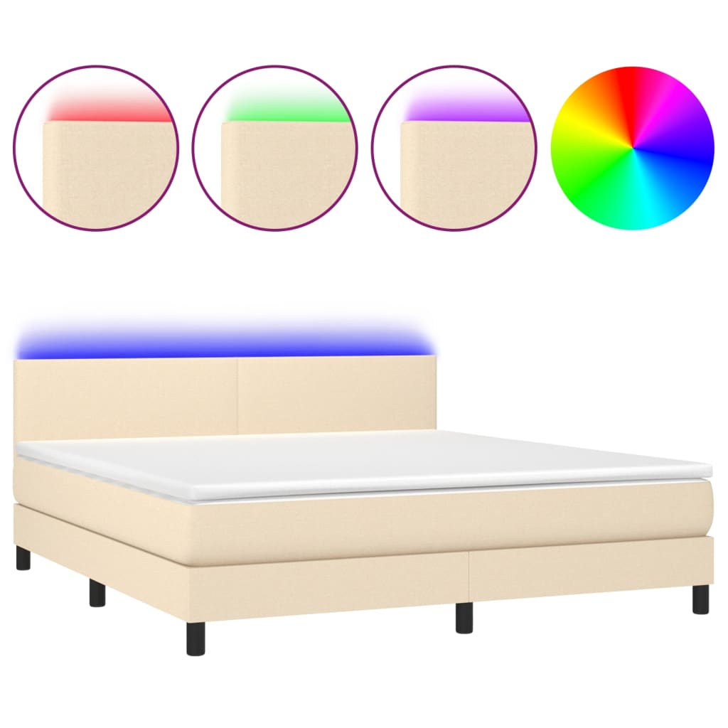 vidaXL Κρεβάτι Boxspring με Στρώμα & LED Κρεμ 180x200 εκ. Υφασμάτινο