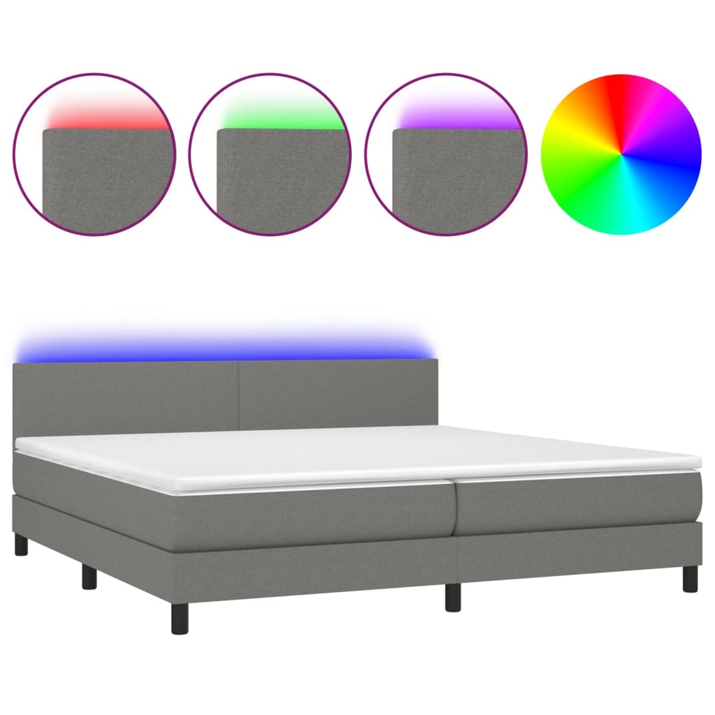 vidaXL Κρεβάτι Boxspring με Στρώμα & LED Σκ.Γκρι 200x200εκ. Υφασμάτινο