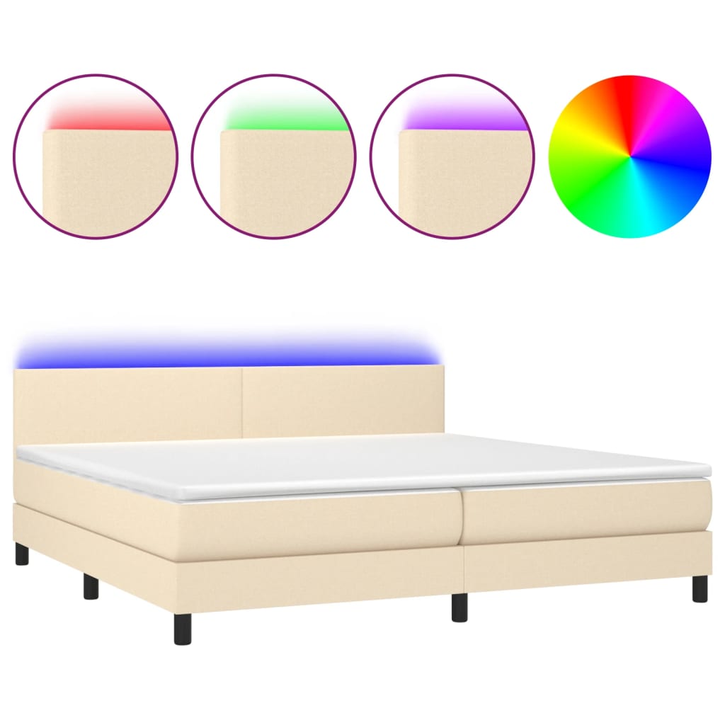 vidaXL Κρεβάτι Boxspring με Στρώμα & LED Κρεμ 200x200 εκ. Υφασμάτινο