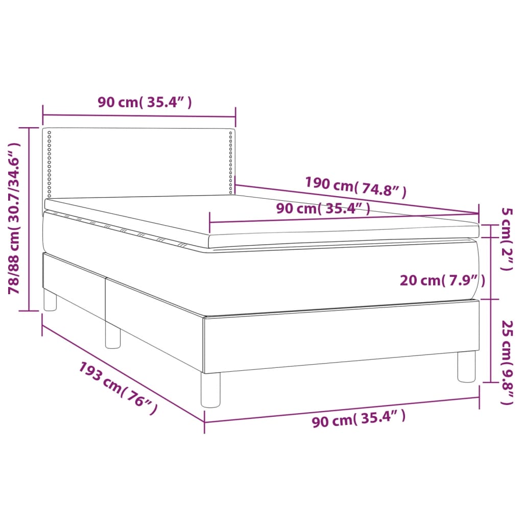 vidaXL Κρεβάτι Boxspring με Στρώμα & LED Αν.Γκρι 90x190 εκ. Υφασμάτινο
