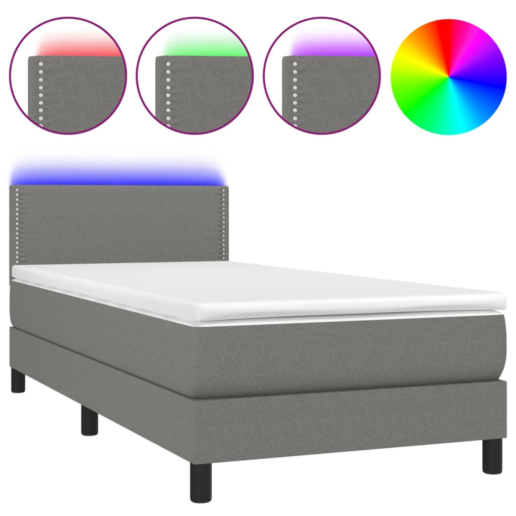 vidaXL Κρεβάτι Boxspring με Στρώμα & LED Σκ.Γκρι 90x200 εκ. Υφασμάτινο