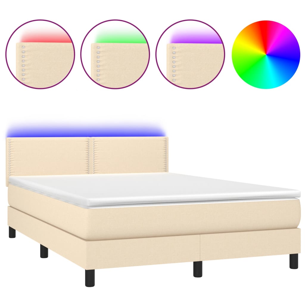 vidaXL Κρεβάτι Boxspring με Στρώμα & LED Κρεμ 140x190 εκ. Υφασμάτινο