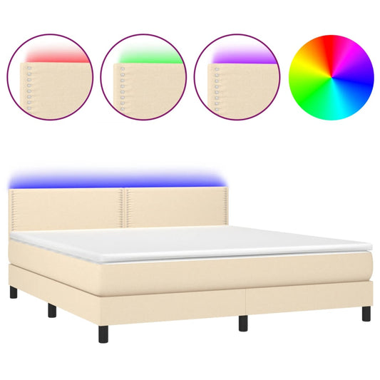 vidaXL Κρεβάτι Boxspring με Στρώμα & LED Κρεμ 180x200 εκ. Υφασμάτινο