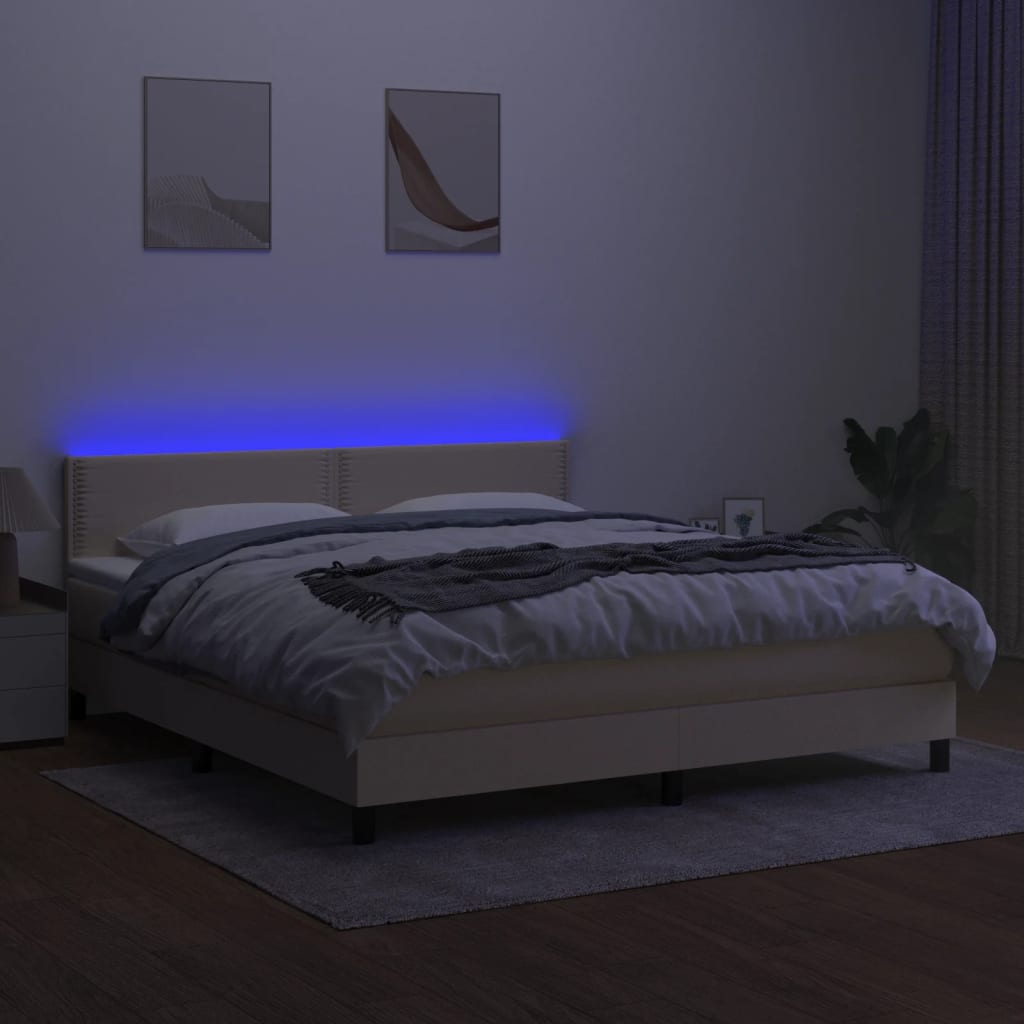 vidaXL Κρεβάτι Boxspring με Στρώμα & LED Κρεμ 180x200 εκ. Υφασμάτινο