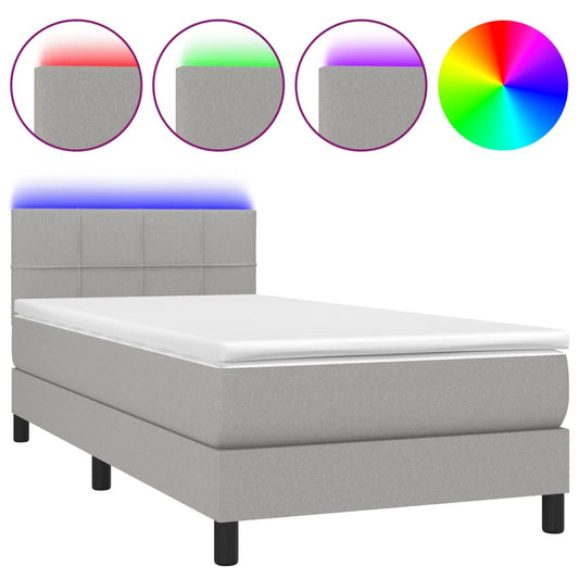 vidaXL Κρεβάτι Boxspring με Στρώμα & LED Αν.Γκρι 90x200 εκ. Υφασμάτινο