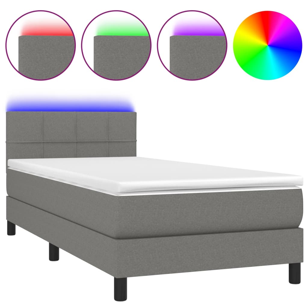 vidaXL Κρεβάτι Boxspring με Στρώμα & LED Σκ.Γκρι 90x200 εκ. Υφασμάτινο