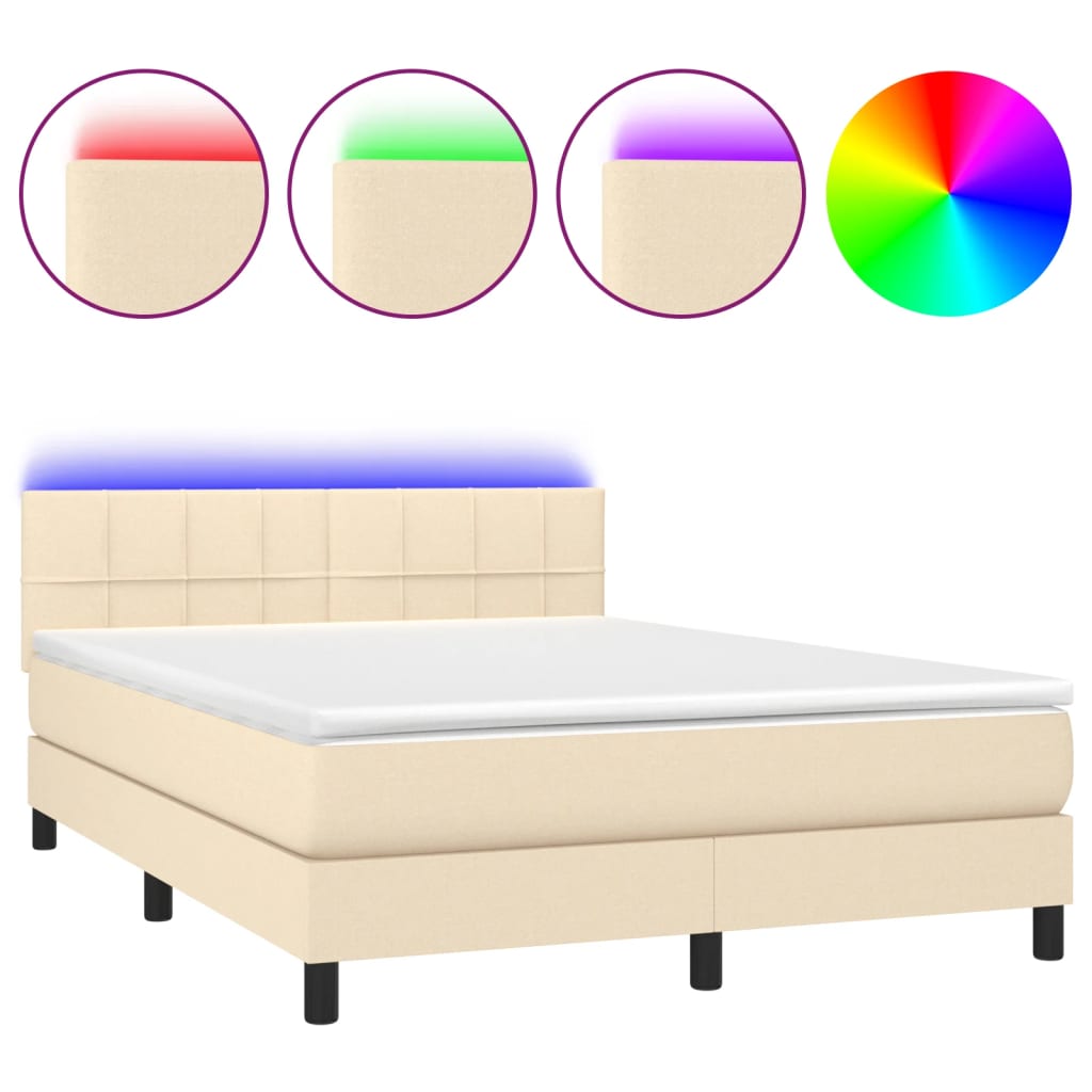 vidaXL Κρεβάτι Boxspring με Στρώμα & LED Κρεμ 140x190 εκ. Υφασμάτινο
