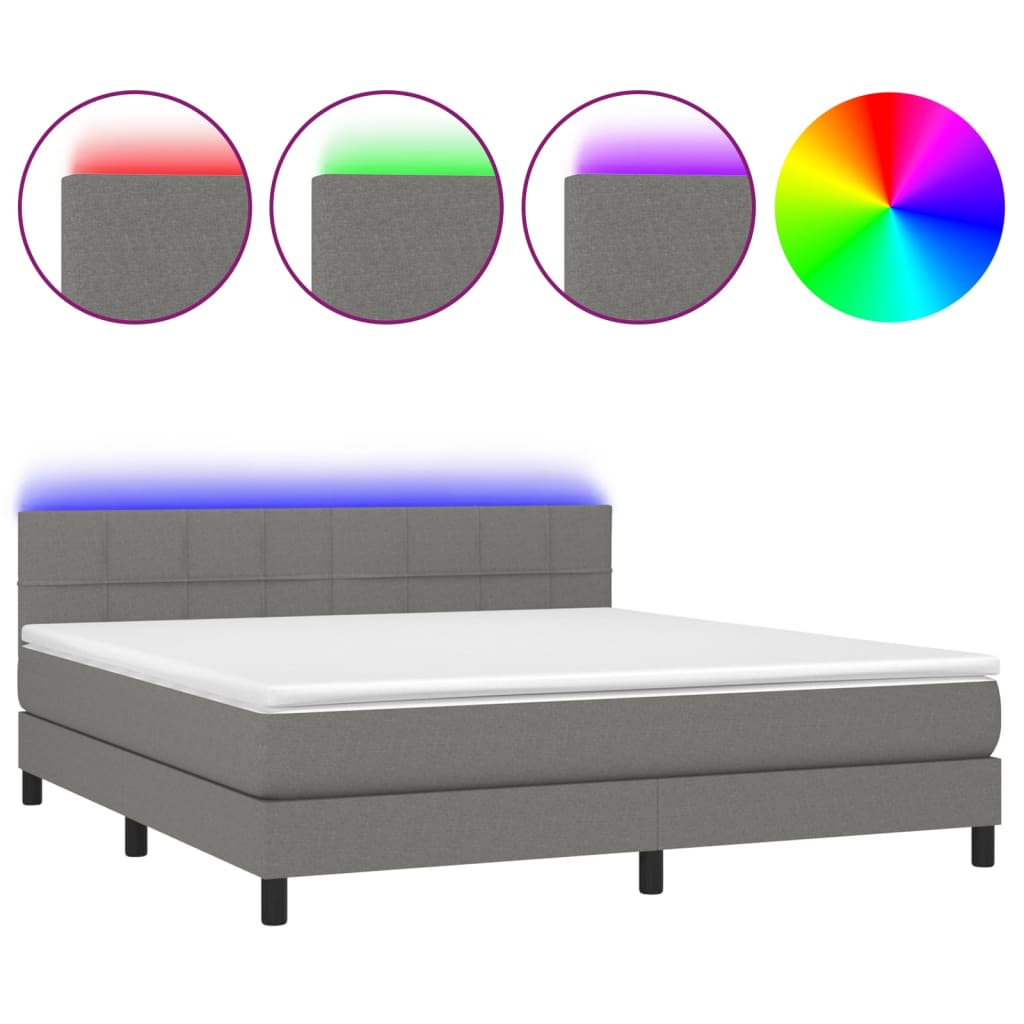 vidaXL Κρεβάτι Boxspring με Στρώμα & LED Σκ.Γκρι 180x200 εκ Υφασμάτινο