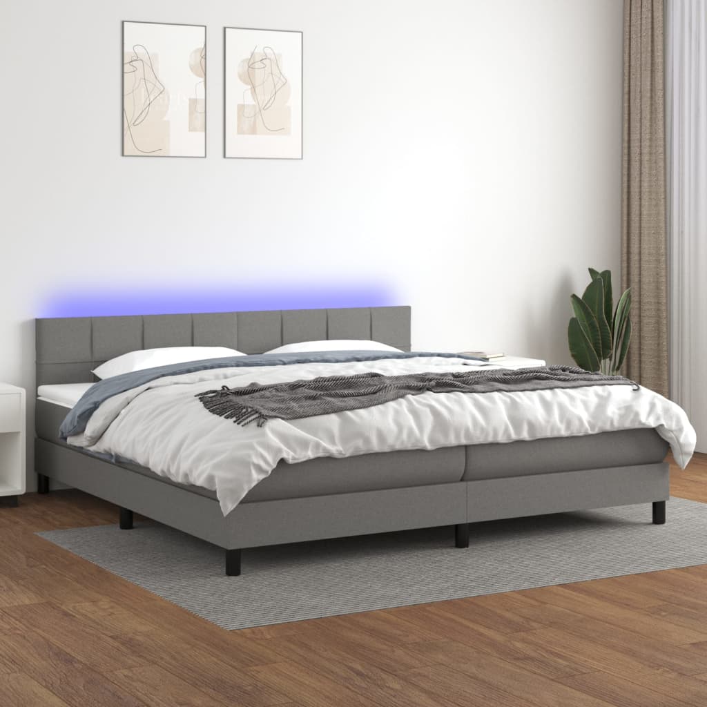 vidaXL Κρεβάτι Boxspring με Στρώμα & LED Σκ.Γκρι 200x200εκ. Υφασμάτινο