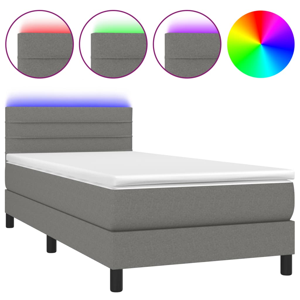 vidaXL Κρεβάτι Boxspring με Στρώμα & LED Σκ.Γκρι 80x200 εκ. Υφασμάτινο