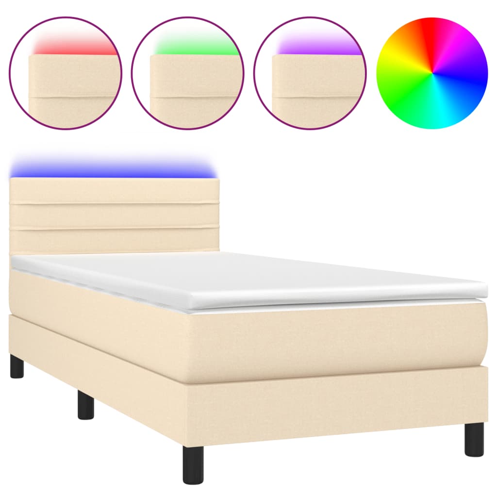 vidaXL Κρεβάτι Boxspring με Στρώμα & LED Κρεμ 90x190 εκ. Υφασμάτινο