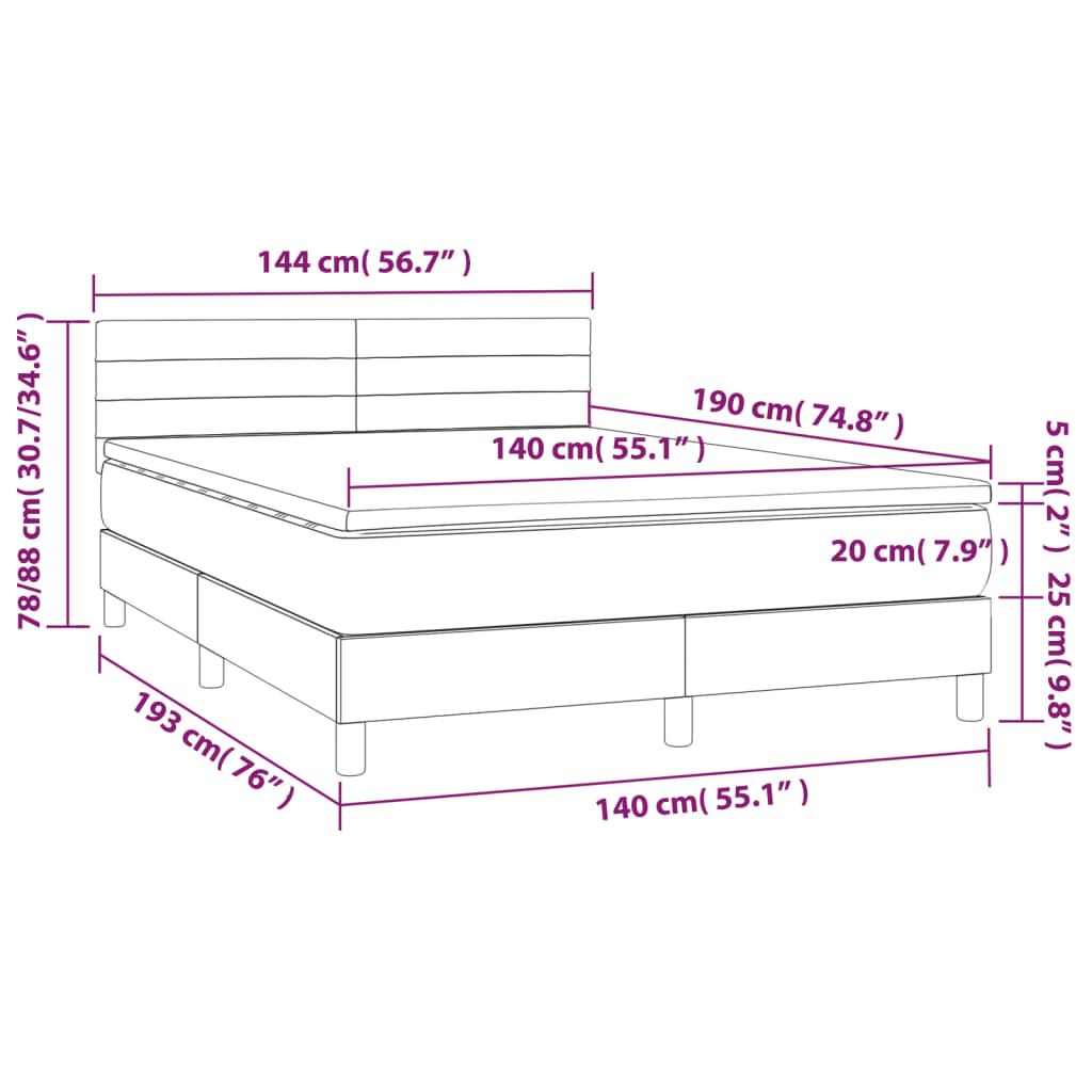 vidaXL Κρεβάτι Boxspring με Στρώμα & LED Αν.Γκρι 140x190εκ. Υφασμάτινο