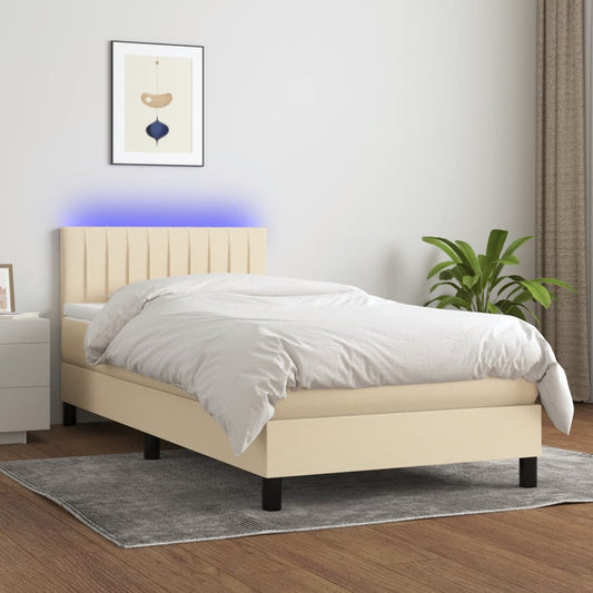 vidaXL Κρεβάτι Boxspring με Στρώμα & LED Κρεμ 90x200 εκ. Υφασμάτινο