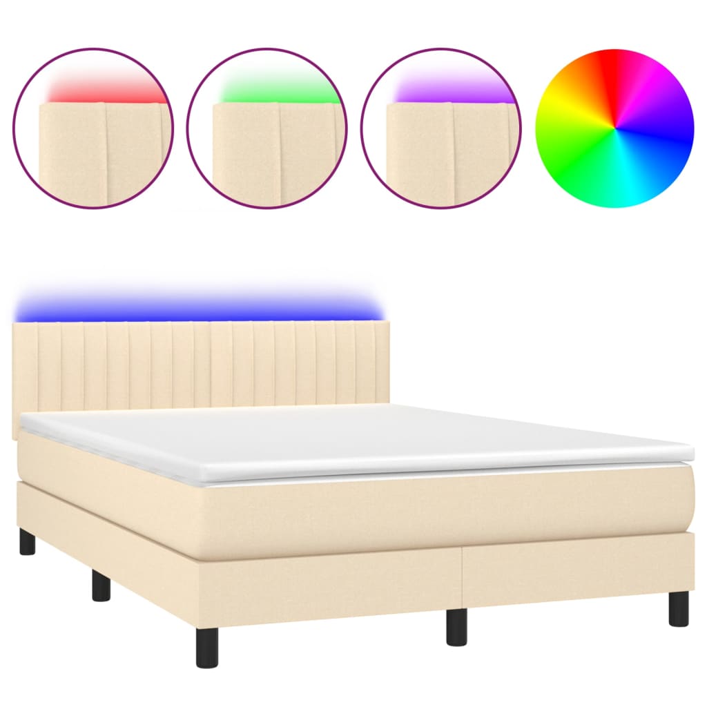 vidaXL Κρεβάτι Boxspring με Στρώμα & LED Κρεμ 140x190 εκ. Υφασμάτινο