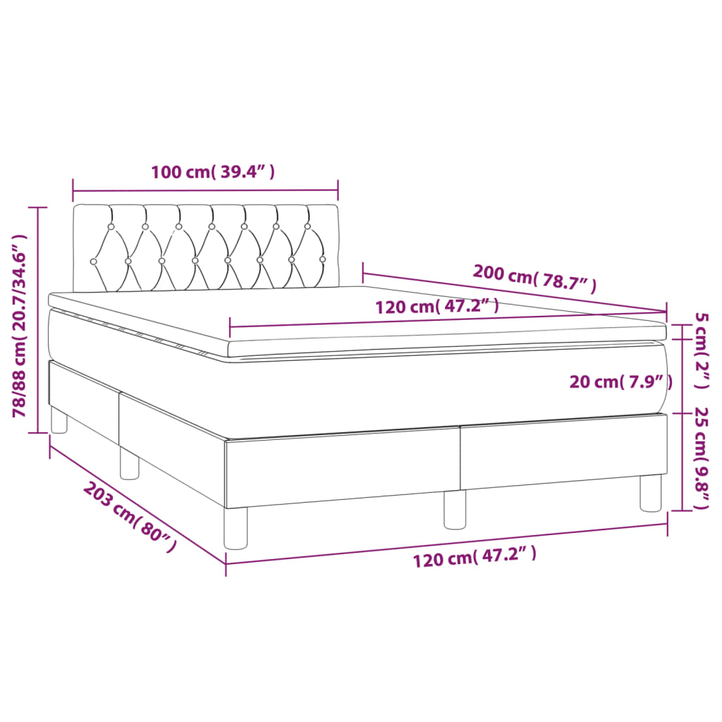 vidaXL Κρεβάτι Boxspring με Στρώμα & LED Κρεμ 120x200 εκ. Υφασμάτινο