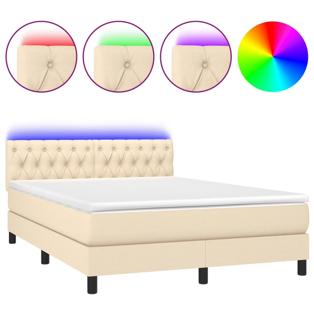 vidaXL Κρεβάτι Boxspring με Στρώμα & LED Κρεμ 140x190 εκ. Υφασμάτινο
