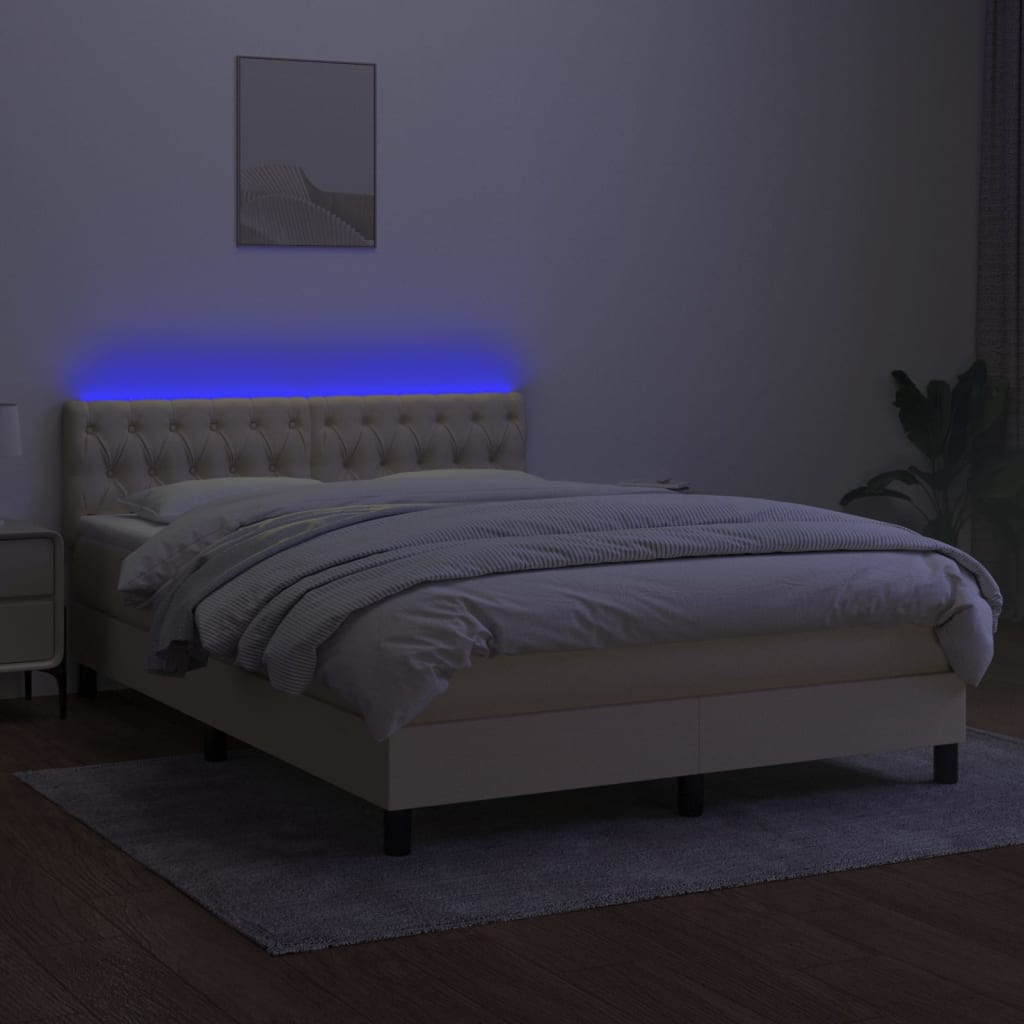 vidaXL Κρεβάτι Boxspring με Στρώμα & LED Κρεμ 140x190 εκ. Υφασμάτινο