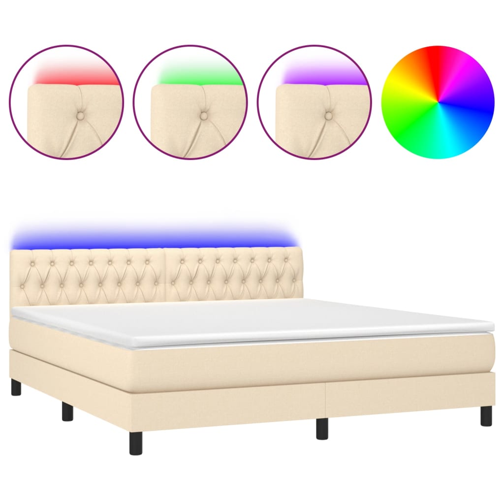 vidaXL Κρεβάτι Boxspring με Στρώμα & LED Κρεμ 180x200 εκ. Υφασμάτινο