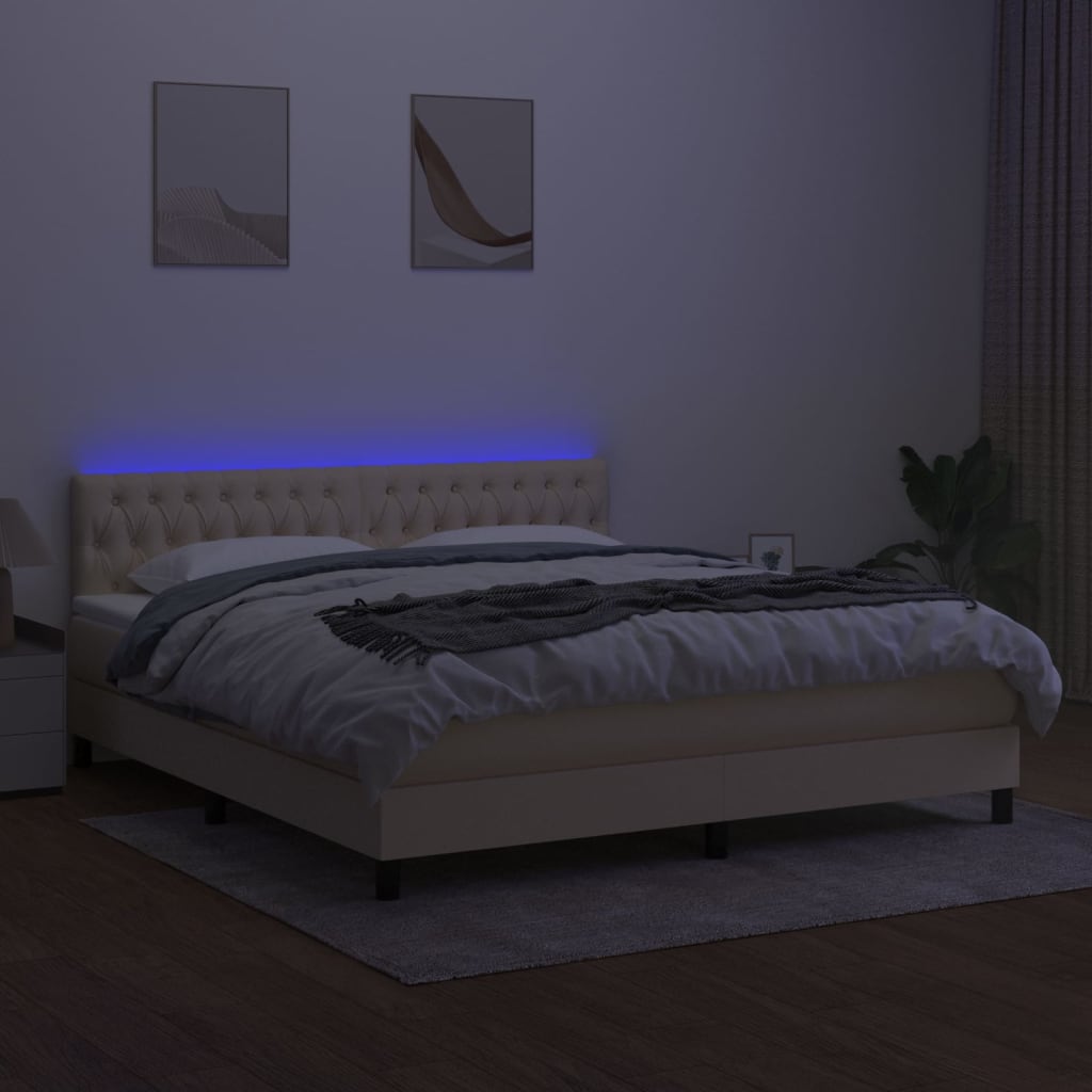 vidaXL Κρεβάτι Boxspring με Στρώμα & LED Κρεμ 180x200 εκ. Υφασμάτινο