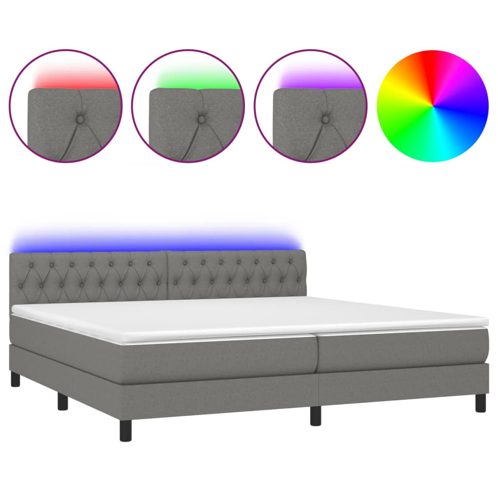 vidaXL Κρεβάτι Boxspring με Στρώμα & LED Σκ.Γκρι 200x200εκ. Υφασμάτινο