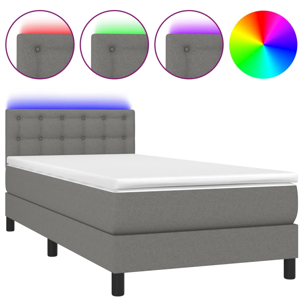 vidaXL Κρεβάτι Boxspring με Στρώμα & LED Σκ.Γκρι 90x190 εκ. Υφασμάτινο