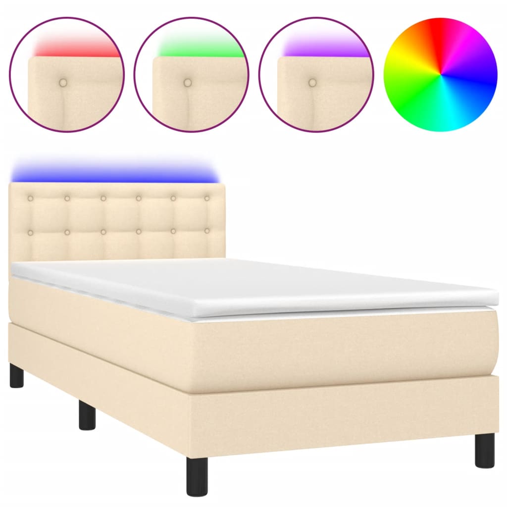 vidaXL Κρεβάτι Boxspring με Στρώμα & LED Κρεμ 90x190 εκ. Υφασμάτινο