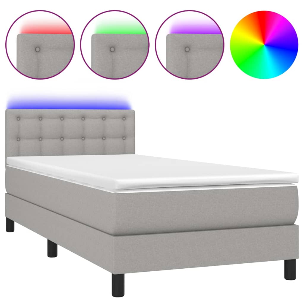 vidaXL Κρεβάτι Boxspring με Στρώμα & LED Αν.Γκρι 90x200 εκ. Υφασμάτινο