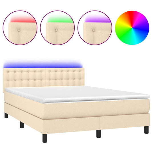 vidaXL Κρεβάτι Boxspring με Στρώμα & LED Κρεμ 140x200 εκ. Υφασμάτινο