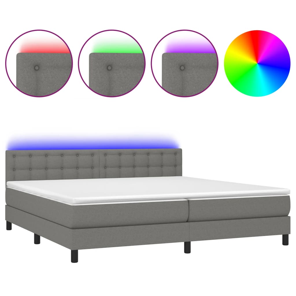 vidaXL Κρεβάτι Boxspring με Στρώμα & LED Σκ.Γκρι 200x200εκ. Υφασμάτινο