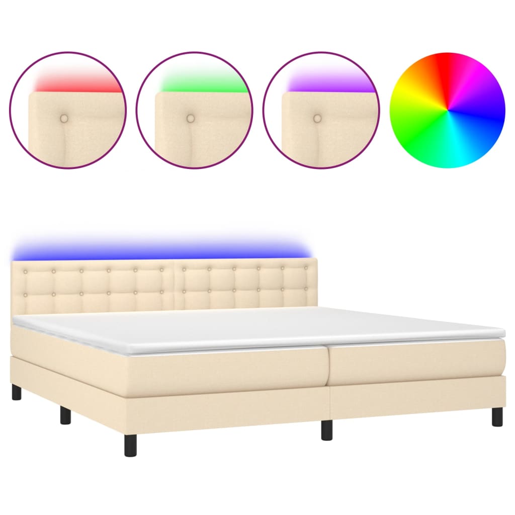 vidaXL Κρεβάτι Boxspring με Στρώμα & LED Κρεμ 200x200 εκ. Υφασμάτινο