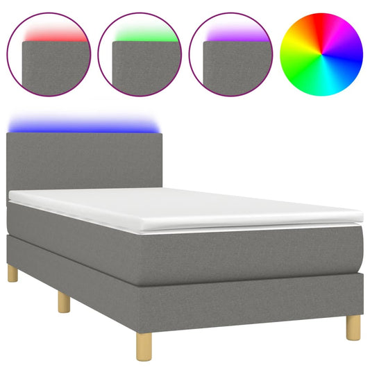 vidaXL Κρεβάτι Boxspring με Στρώμα & LED Σκ.Γκρι 90x200 εκ. Υφασμάτινο