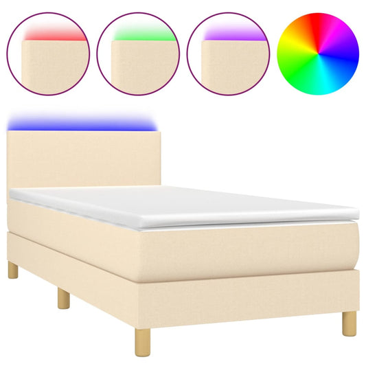 vidaXL Κρεβάτι Boxspring με Στρώμα & LED Κρεμ 100x200 εκ. Υφασμάτινο