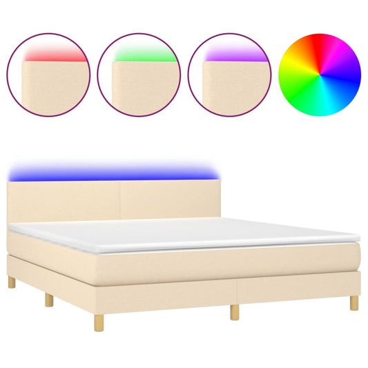 vidaXL Κρεβάτι Boxspring με Στρώμα & LED Κρεμ 180x200 εκ. Υφασμάτινο